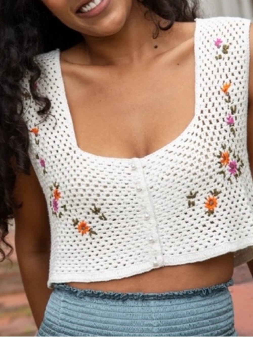 Natural Life Crochet Vest Cropped M White Embroidered Boho Cottagecore Festival